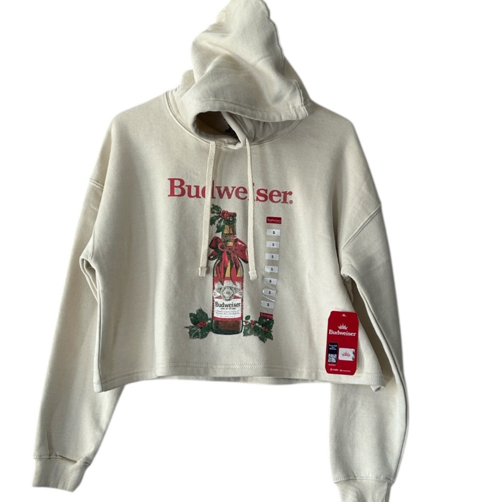 Budweiser Off-White Crop Tops Sweater Hoodie with Bottle Design - Picture 2 of 13